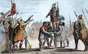 Pharamond I (c370-427), frankkien kuningas. Hänet kuninkaaksi valinneen kansansa nostettu kilvelle - Pharamond, jonka frangi-salialaiset ja yhdeksi kansaksi yhdistyneet gallialaiset ovat tunnustaneet, nostetaan kilvelle ja kävelee voiton merkeissä leirin y