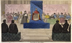 Philip IV kokoaa Louvreen Estates General, joka koostuu papistosta, aatelista ja merkittävistä porvaristoista tai kolmannen osavaltion edustajista, jotka pääsivät siihen ensimmäisen kerran vuonna 1301 – Ambroise Tardieun suunnitteli ja kaiverrus vuonna 182 tekijältä Ambroise Tardieu