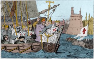 Seitsemäs ristiretki: Kuningas Saint Louis (1214-1270) ja ristiretket, jotka piirittivät Damiettea kesäkuussa 1249 Ala-Egyptissä - Seitsemäs ristiretki Pyhälle Maalle 1248-50 - Saint Louis IX (1214-70) johtaa joukkojaan taistelussa - Kaiverrus vuodelta 182