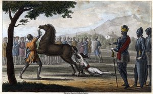 Austraasian kuningatar Brunhilda, visigoottilainen prinsessa, naimisissa Austraasian kuninkaan Sigebert I:n kanssa - Brunehautin (tai Brunehilden) kuolema Clotaire (Clothaire) II:n määräyksestä (613). Ambrose Tardieun piirustukset ja hauta v