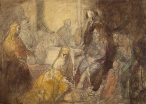 Magdalan Maria voitelemassa Kristuksen jalat (kynä ja akvarelli)