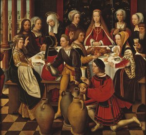 Les noces de Cana - Hääjuhla Canassa, kirjoittanut Benson, Ambrosius (1495-1550). Öljy puulle. Mitat: 99x105 cm. Tukholman kansallismuseo