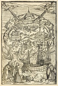 Utopian Uuden saaren kartta Sir Thomas Moren (1478-1535) Utopian vuoden 1518 painoksesta, julkaistu ensimmäisen kerran vuonna 1516. Ambrosius Holbeinin (n. 1494-n. 1519) puupiirros, jossa saari päähenkilöineen