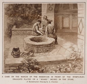 Peli Nymphaeumin edessä olevan säiliön reunalla, artikkelista "The Country Life of the Romans in England" Illustrated London Newsissa tekijältä Amedee Forestier