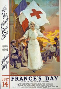 Varainkeruupyyntö Ranskan Punaisen Ristin avuksi Ranskan päivänä, 14. heinäkuuta, pub. Lontoo, noin 1915 tekijältä Amedee Forestier