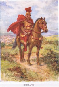 Imperator: oli alun perin täällä, voittaja roomalainen kenraali tervehti hänen sotilaat kentällä. Myöhemmin otsikko varattiin vain keisareille, kuvitus Roomalaisen sotilaan vuodelta 1928 (colou tekijältä Amedee Forestier