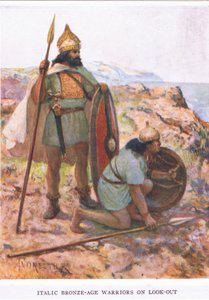 Kursivoimalla pronssikauden soturit vartiossa, kuvitus teoksesta "The Roman Soldier" tekijältä Amedee Forestier