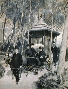 Kuningatar Victoria ratsastaa muulivaunuissa John Brownin kanssa (grisaille) tekijältä Amedee Forestier