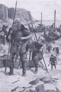 Viikingit löytävät Amerikan, My Magazine, pub.1922 (litho) tekijältä Amedee Forestier