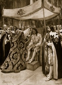 Charles I:n voitelu Canterburyn arkkipiispa George Abbotin toimesta Westminster Abbeyssa kynttilänpäivänä vuonna 1626 The Illustrated London Newsista, 1902 tekijältä Amedee Forestier