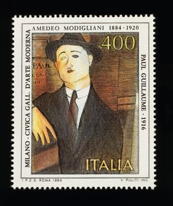 Postimerkki italialaisesta taidesarjasta Amedeo Modiglianin (1884-1920) kunniaksi, kuvaa Paul Guillaumen muotokuvaa (1916), 400 liiran postimerkki