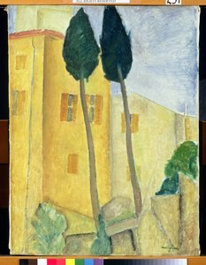 Sypressipuut ja talo, 1919 tekijältä Amedeo Modigliani