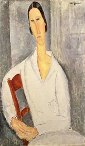 Madame Hanka Zborowska nojaa tuoliin (Madame Hanka Zborowska accoudée à une chaise) 1919 (öljy kankaalle) tekijältä Amedeo Modigliani