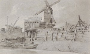 Tuulimylly ja venepiha, n. 1803 (hiili, lyijykynä ja pesuaine)