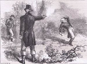Burrin ja Hamiltonin kaksintaistelu, kuvitus Cassells History of the United Statessta, julkaisija Cassell, Petter & Galpin, n. 1900 (litho) tekijältä American English school