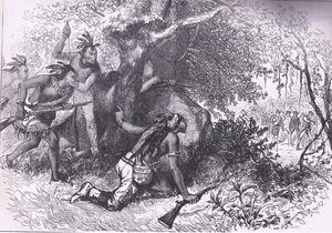 Cherokien petos 1760, kuvitus Cassells History of the United Statessta, julkaisija Cassell, Petter & Galpin, n. 1900 (litho) tekijältä American English school