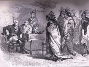 Pontiacin ja intiaanien vierailu majuri Gladwinin luona 1763, kuvitus Cassells History of the United Statessta, julkaisija Cassell, Petter & Galpin, n. 1900 (litho)