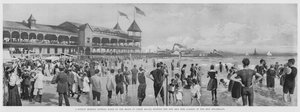 Sunnuntaiaamun uimaranta Coney Islandin rannalla, jossa näkyy Iron Steamboatsin uuden rautalaiturin laituri (m/v kuva) tekijältä American Photographer