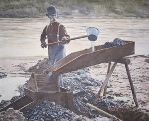 Amerikkalainen kullankaivaja sulkulaatikolla (käsinvärinen valokuva) tekijältä American Photographer