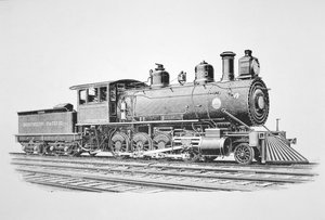 2-8-0 Consolidation -tyyppinen veturi, jonka Baldwin rakensi kesäkuussa 1889 Northern Pacific Railwaylle (litho) tekijältä American School