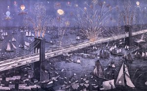 Lintuperspektiivikuva Great New Yorkista ja Brooklyn Bridgestä ja upea tuliteos avajaisiltana 1883, pubi. kirjoittanut A. Major