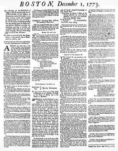 Broadside-sanomalehti, joka kertoo Bostonin teekutsujen tapahtumista joulukuussa 1773 (tulostus)