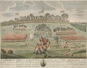 Oikea näkymä taistelusta lähellä New Orleansin kaupunkia, pubi. n. 1815 (käsin värillinen kaiverrus) tekijältä American School