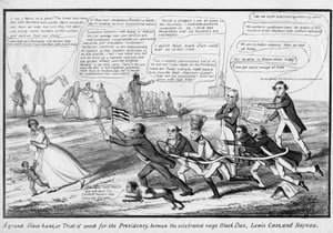 Suuri orjametsästys eli nopeuden koetus presidentin virkaan kuuluisien naapureiden Black Danin, Lewis Cassin ja Haynaun välillä, julkaisija T.C., New York, n. 1852 tekijältä American School