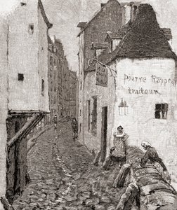 Katu vanhassa Pariisissa 1800-luvulla, The Century Illustrated Monthly Magazine -lehdestä, julkaistu 1884 (puukaiverrus) tekijältä American School
