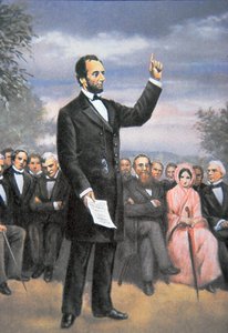 Abraham Lincoln (1809-65) piti Gettysburgin osoitteen Gettysburgissa, Pennsylvaniassa, marraskuussa 1863 (väri litho) tekijältä American School