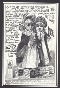 Yskän, vilustumisen ja muiden sairauksien hoitoon tarkoitetun Scottin emulsion mainos, 1800-luvun loppu (litho) tekijältä American School