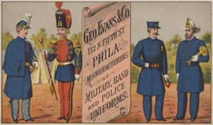 Mainos George Evans & Co:lle, sotilas-, yhtye- ja poliisipukujen valmistajalle, 132 N Fifth Street, Philadelphia tekijältä American School