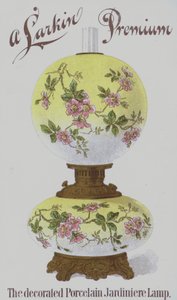 Mainos Larkin Premium -koristeellisista posliinisista jardiniere-valaisimista (chromolitho) tekijältä American School