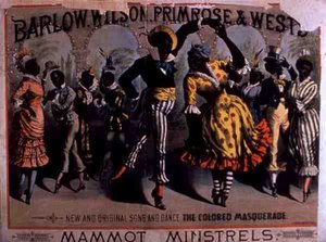 Mainos kappaleelle "The Colored Masquerade", Mammot Minstrelsin laulu ja tanssi, esittäjät Barlow, Wilson, Primrose ja West (värilitho) tekijältä American School
