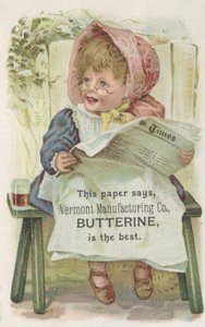 Mainos yhtiölle Vermont Manufacturing Co. Butterine, n. 1880 tekijältä American School