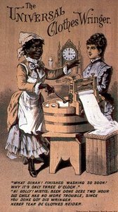 Mainos "Universal Clothes Wringer" -koneesta, jossa on musta piika, 1800-luvun loppu (värikaiverrus) tekijältä American School