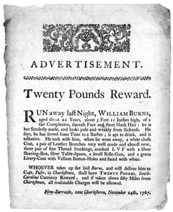 Mainos 20 punnan palkkiosta William Burnsin vangitsemisesta, painettu Charlestonissa, Etelä-Carolinassa, 1767 (painettu)