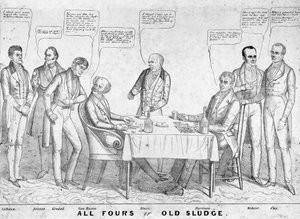 All Fours or Old Sludge, poliittinen sarjakuva, jossa presidentti Martin Van Buren (1782-1862) pelaa korttia William Henry Harrisonia (1773-1841) vastaan muiden valtiomiesten ja poliitikkojen kanssa, 1836 (litho) tekijältä American School