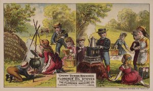 Florence Machine Companyn valmistama amerikkalainen kauppakortti, joka mainostaa ompelukoneita ja öljyliesiä, Massachusetts, 1880-luku tekijältä American School
