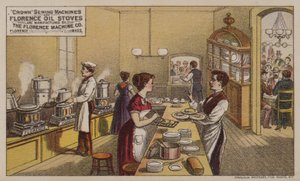 Florence Machine Companyn valmistama amerikkalainen kauppakortti, joka mainostaa ompelukoneita ja öljyliesiä, Massachusetts, 1880-luku tekijältä American School