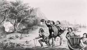 Amerigo Vespucci laskeutuu uuteen maailmaan kirjasta The Life and Voyages of Americus Vespucius, julkaisija Horace Mansfield, New Haven, Connecticut, 1853 tekijältä American School