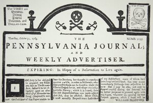 Amerikkalainen vastaus brittiläiseen postimerkkilakiin, pub. Pennsylvania Journal and Weekly Advertiser -julkaisussa 31. lokakuuta 1765 (sanomalehtipaperi) tekijältä American School