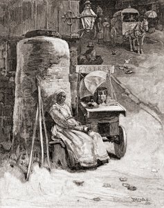 Osterinmyyjä kärryineen lähellä Washingtonin laivastotelakkaa, Washington D.C., 1800-luvulla, vuodelta 1884, The Century Illustrated Monthly Magazine (kaiverrus). tekijältä American School