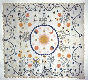 Applikoitu peitto aurinko, kuu, tähdet ja Eedenin puutarha, Arkansas, n. 1850-80 (puuvilla) tekijältä American School