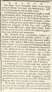 Artikkeli Boston Chroniclesta, jossa kerrotaan Bostonin joukkomurhan tapahtumista 5. maaliskuuta 1770 (sanomalehtipaperi) tekijältä American School