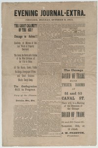 Artikkeli Chicago Evening Journal-Extrasta koskien Chicagon tulipaloa 1871, 9. lokakuuta 1871 (sanomalehtipaperi)