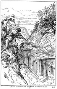 Kuubalaisten hyökkäys linnoitettuun rautatiejunaan, kuvitus Murat Halsteadin The Story of Cubasta, julkaistu 1898 tekijältä American School