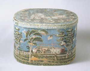 Painetulla paperilla peitetty bandbox, jossa näkyy linnanäkymä, n. 1835 (pahvi ja paperi) tekijältä American School