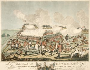New Orleansin taistelu ja kenraalimajuri Packenhamin kuolema 8. tammikuuta 1815, pub. 1815 (värinen kaiverrus) tekijältä American School