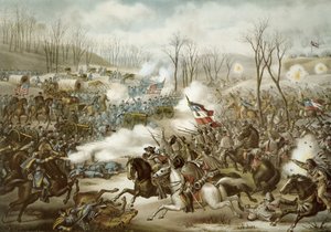 Battle of Pea Ridge, Arkansas, 6.-8. maaliskuuta, kaiverrus Kurz & Allison (väri litho) tekijältä American School